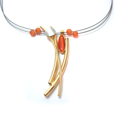 Multi-wire Necklace with Shiny Gold and Bright Orange - Click Image to Close